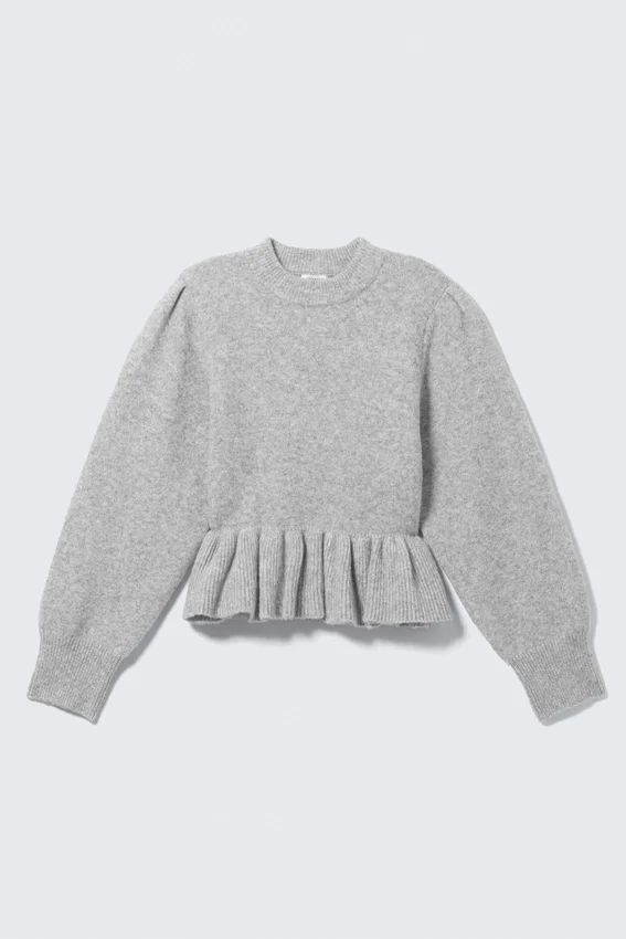 Flounced Hem Knitted Sweater – Grey Melange Flounced Hem Knitted Sweater – Grey Melange