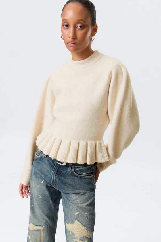 Flounced Hem Knitted Sweater – Off-White Flounced Hem Knitted Sweater – Off-White
