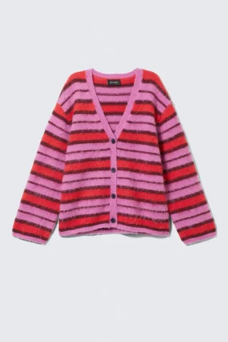 Fluffy Knit Cardigan – Pink & Red Stripe