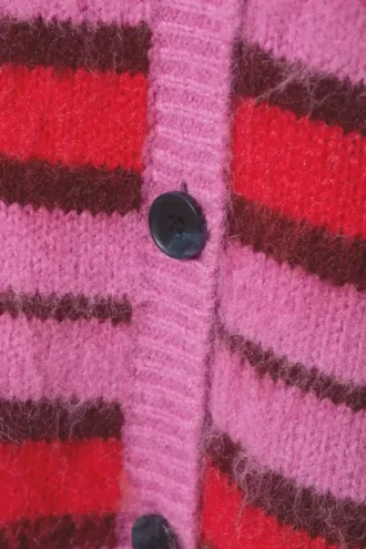 Fluffy Knit Cardigan – Pink & Red Stripe