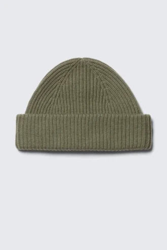 Fold Knit Wool Blend Beanie – Khaki Green