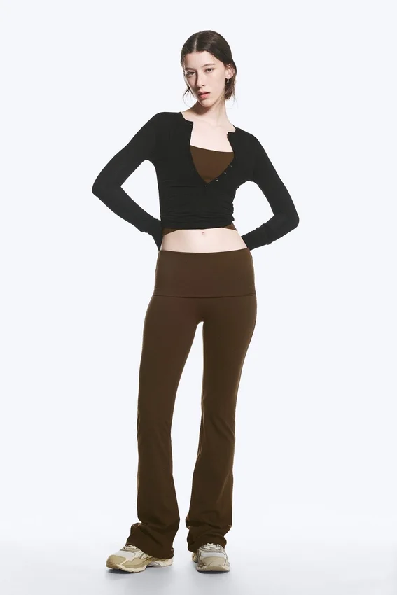 Folded Waist Flared Yoga Tights – Dark Brown Folded Waist Flared Yoga Tights – Dark Brown