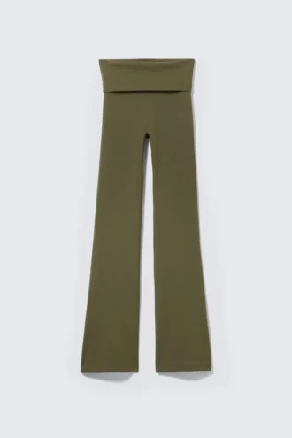 Folded Waist Flared Yoga Tights – Dark Khaki Green