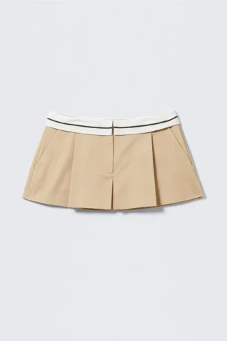Folded Waist Pleated Mini Skirt – Beige