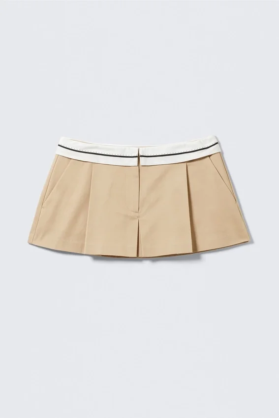 Folded Waist Pleated Mini Skirt – Beige Folded Waist Pleated Mini Skirt – Beige