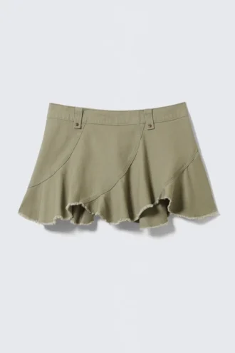 Frayed Asymmetric Mini Twill Skirt – Khaki Green
