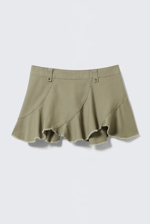 Frayed Asymmetric Mini Twill Skirt – Khaki Green Frayed Asymmetric Mini Twill Skirt – Khaki Green