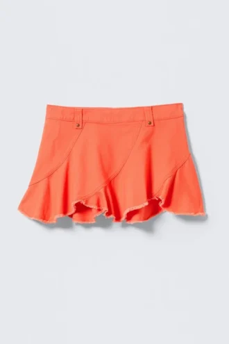 Frayed Asymmetric Mini Twill Skirt – Light Red