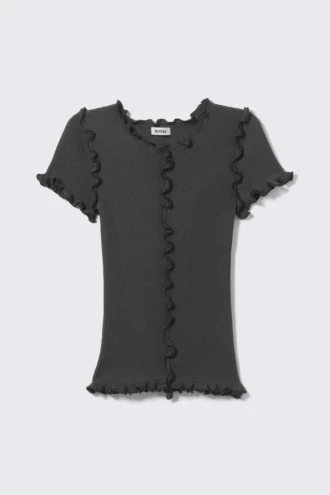 Frill-Edge Ribbed Knitted Top – Dark Grey