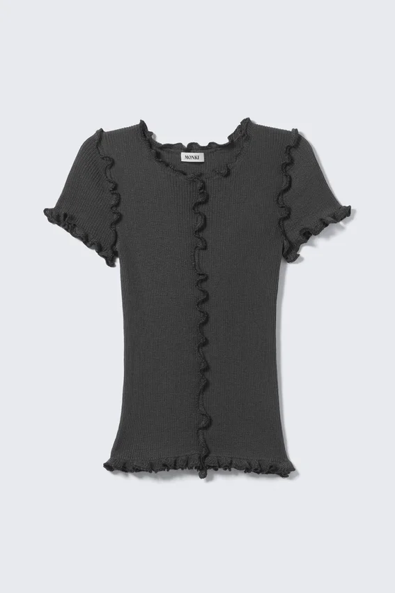 Frill-Edge Ribbed Knitted Top – Dark Grey Frill-Edge Ribbed Knitted Top – Dark Grey