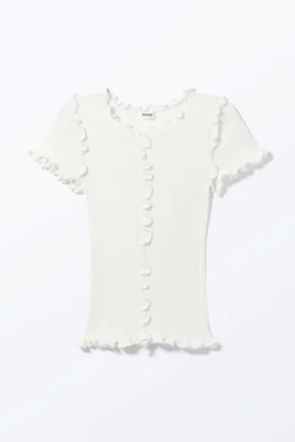 Frill-Edge Ribbed Knitted Top – White