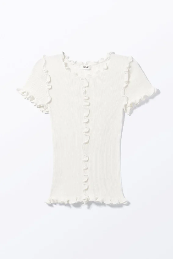 Frill-Edge Ribbed Knitted Top – White Frill-Edge Ribbed Knitted Top – White