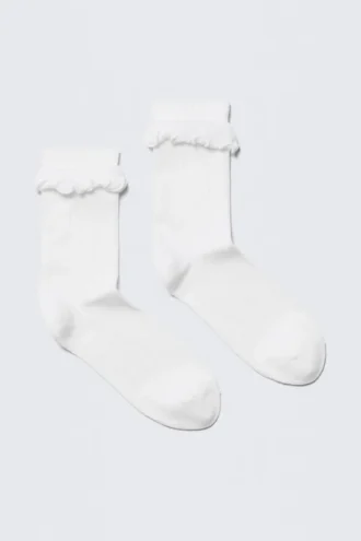 Frill Trim Crew Socks – White