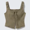 Frill-Trim Twill Corset Top – Khaki Green Frill-Trim Twill Corset Top – Khaki Green