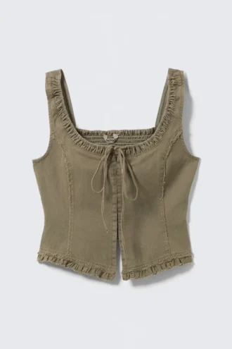 Frill-Trim Twill Corset Top – Khaki Green