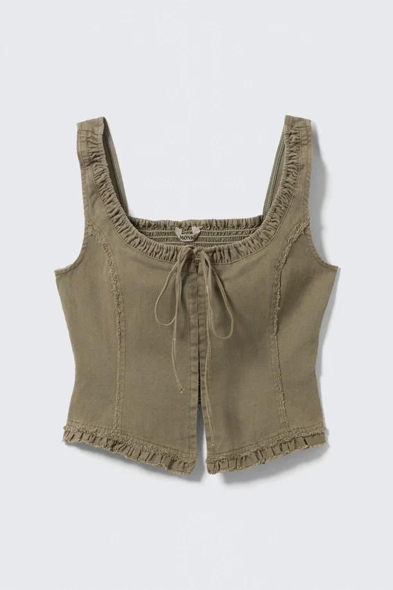 Frill-Trim Twill Corset Top – Khaki Green Frill-Trim Twill Corset Top – Khaki Green