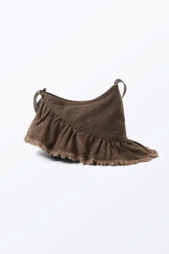 Frilled Cotton Canvas Handbag – Washed Dark Brown