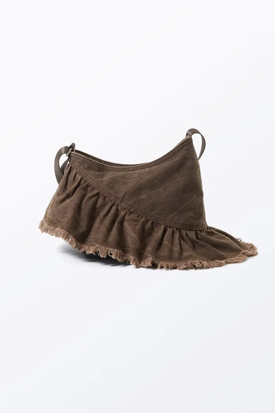 Frilled Cotton Canvas Handbag – Washed Dark Brown Frilled Cotton Canvas Handbag – Washed Dark Brown