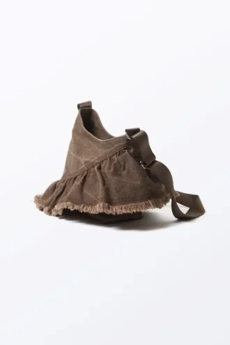 Frilled Cotton Canvas Handbag – Washed Dark Brown