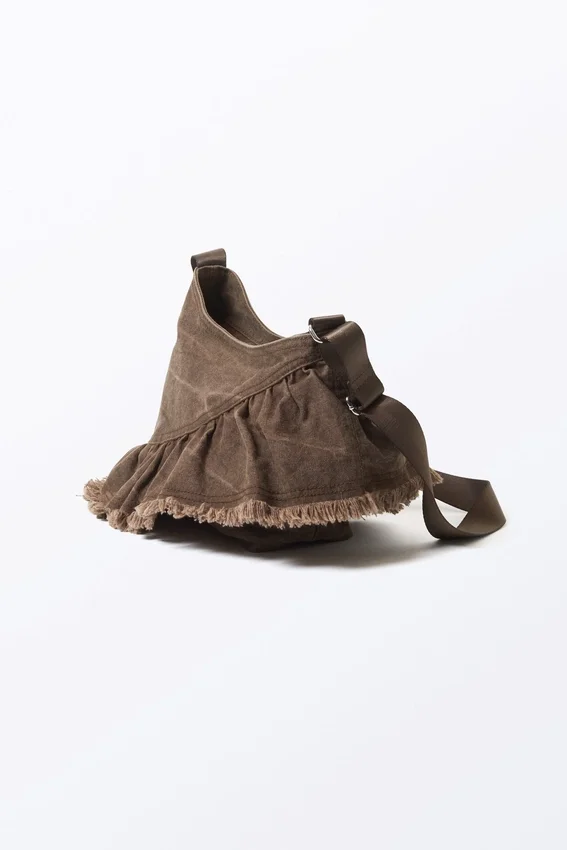 Frilled Cotton Canvas Handbag – Washed Dark Brown Frilled Cotton Canvas Handbag – Washed Dark Brown