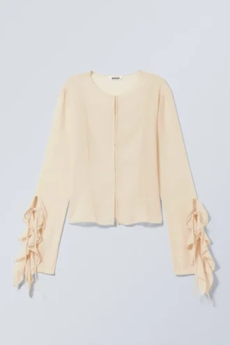 Frilled Long-Sleeved Blouse – Beige