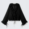 Frilled Long-Sleeved Wrap Blouse – Black Frilled Long-Sleeved Wrap Blouse – Black