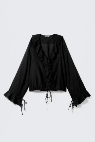 Frilled Long-Sleeved Wrap Blouse – Black
