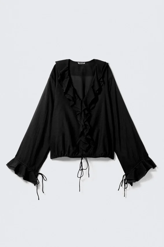 Frilled Long-Sleeved Wrap Blouse – Black Frilled Long-Sleeved Wrap Blouse – Black