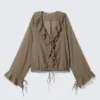 Frilled Long-Sleeved Wrap Blouse – Brown Frilled Long-Sleeved Wrap Blouse – Brown