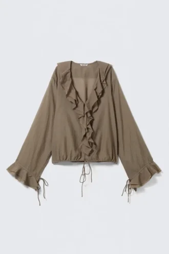 Frilled Long-Sleeved Wrap Blouse – Brown