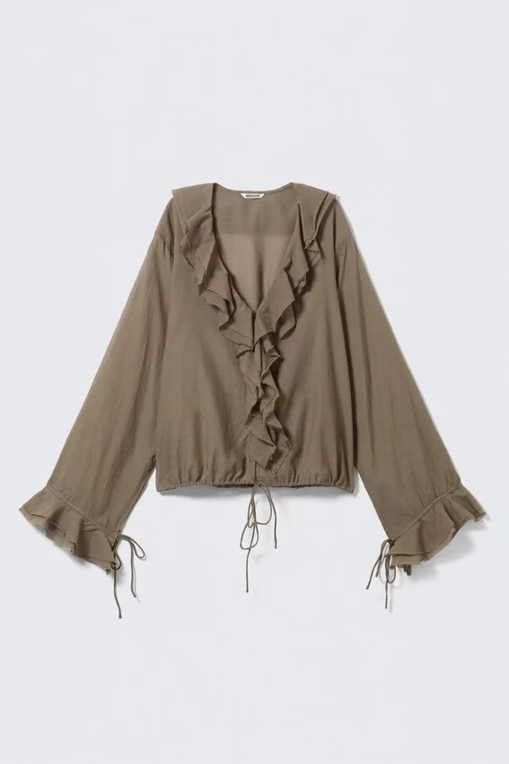 Frilled Long-Sleeved Wrap Blouse – Brown Frilled Long-Sleeved Wrap Blouse – Brown