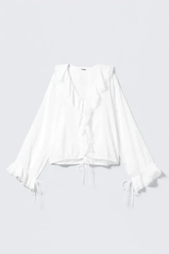 Frilled Long-Sleeved Wrap Blouse – White Frilled Long-Sleeved Wrap Blouse – White