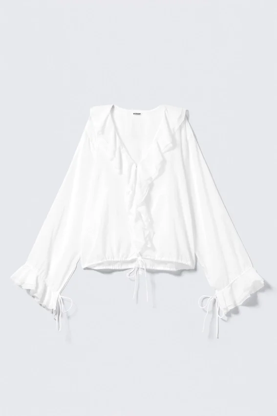 Frilled Long-Sleeved Wrap Blouse – White Frilled Long-Sleeved Wrap Blouse – White