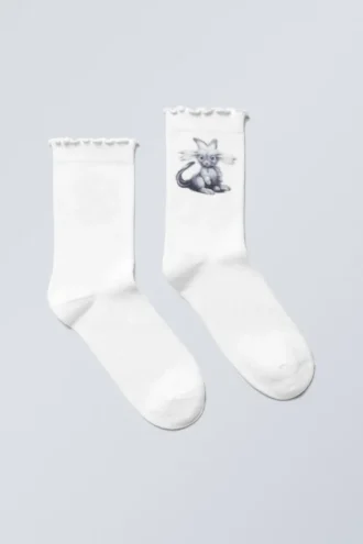 Frilled Printed Socks – White – Cat Print