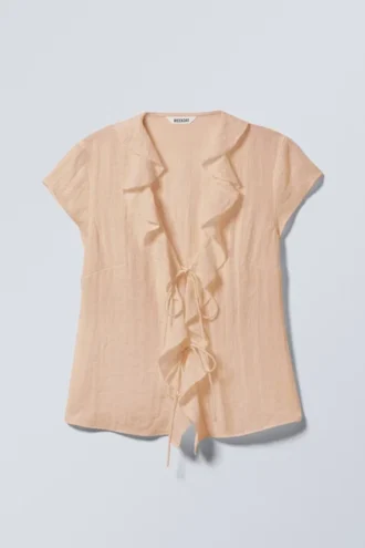 Frilled Tie-Front Top – Beige