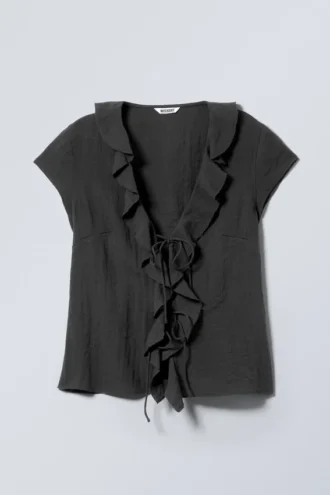 Frilled Tie-Front Top – Dark Grey