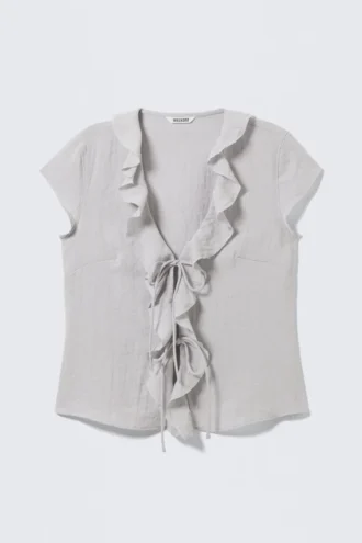 Frilled Tie-Front Top – Light Grey