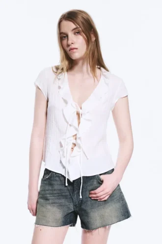 Frilled Tie-Front Top – White