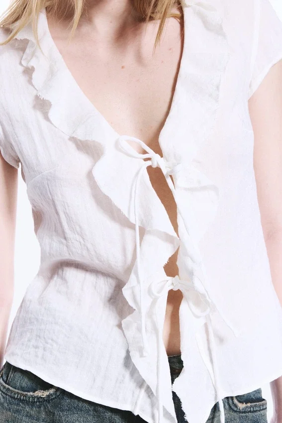 Frilled Tie-Front Top – White Frilled Tie-Front Top – White