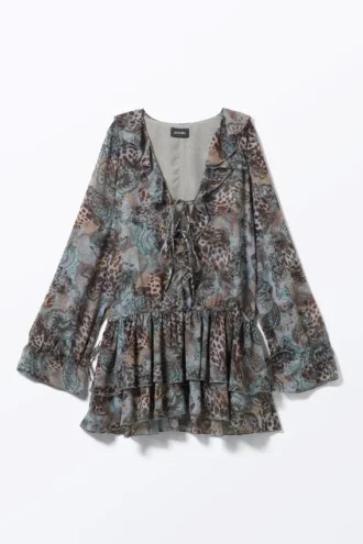 Frilled V-Neck Mini Dress – Leopard-Paisly Pattern