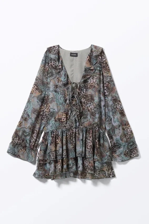 Frilled V-Neck Mini Dress – Leopard-Paisly Pattern Frilled V-Neck Mini Dress – Leopard-Paisly Pattern