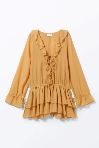 Frilled V-Neck Mini Dress – Mustard Yellow