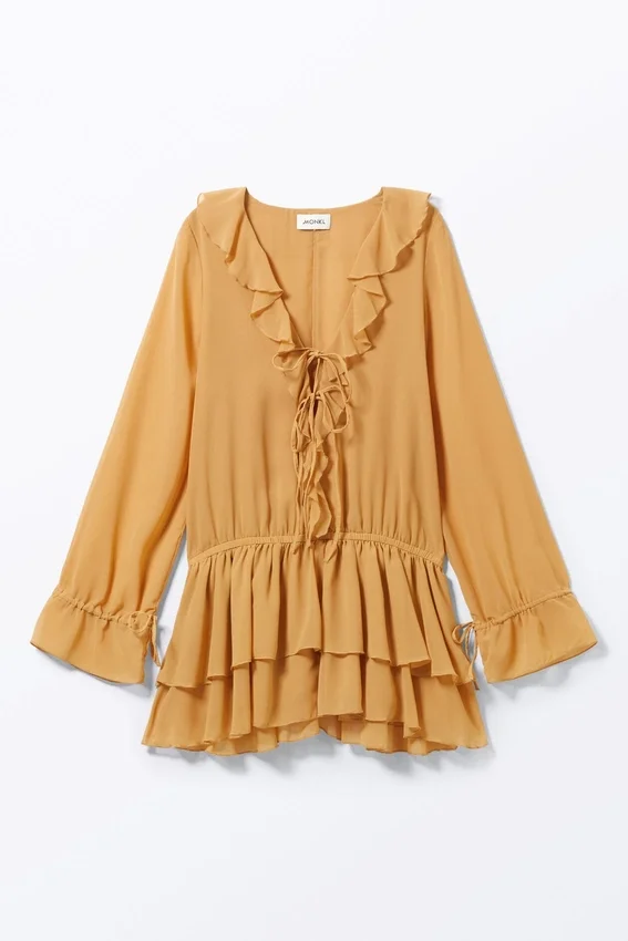 Frilled V-Neck Mini Dress – Mustard Yellow Frilled V-Neck Mini Dress – Mustard Yellow