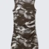 Gathered Jersey Mini Dress – Dark Brown – Abstract Floral Gathered Jersey Mini Dress – Dark Brown – Abstract Floral
