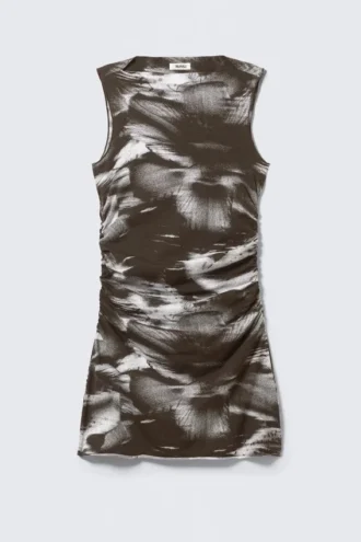 Gathered Jersey Mini Dress – Dark Brown – Abstract Floral