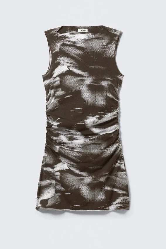 Gathered Jersey Mini Dress – Dark Brown – Abstract Floral Gathered Jersey Mini Dress – Dark Brown – Abstract Floral