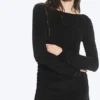 Gathered Long-Sleeved Boat-Neck Mini Dress – Black – Rhinestones Gathered Long-Sleeved Boat-Neck Mini Dress – Black – Rhinestones