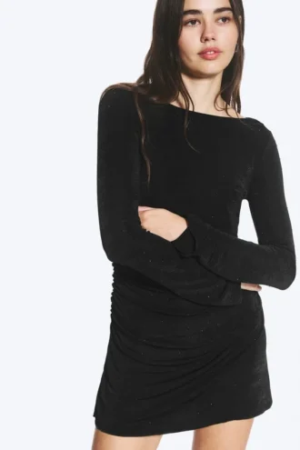 Gathered Long-Sleeved Boat-Neck Mini Dress – Black – Rhinestones
