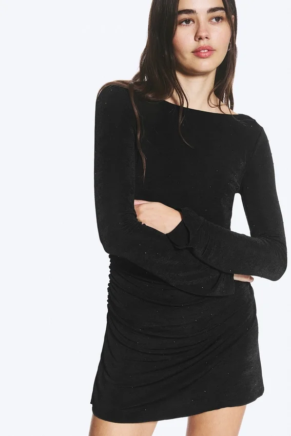 Gathered Long-Sleeved Boat-Neck Mini Dress – Black – Rhinestones Gathered Long-Sleeved Boat-Neck Mini Dress – Black – Rhinestones