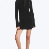 Gathered Long-Sleeved Boat-Neck Mini Dress – Black – Rhinestones Gathered Long-Sleeved Boat-Neck Mini Dress – Black – Rhinestones